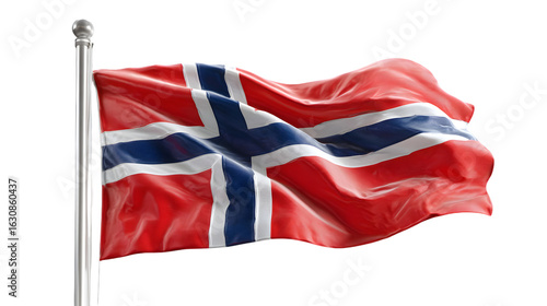A waving norwegian flag on a silver pole with a black background in a bright outdoor setting