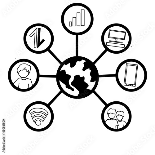Black and white global network icon with tech and communication symbols