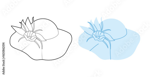 Floppy Hat Church with flower decor. Dress Summer Race Derby Head Fashion accessory cap with floppy wide brim clothing technical illustration. Vector headgear flat template CAD mockup sketch isolated
