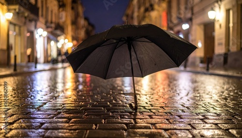 Wallpaper Mural Black Umbrella On Wet Cobblestone Street At Night Torontodigital.ca