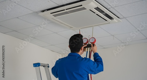 HVAC Technician on Ladder Performing Maintenance and Checking Refrigerant Pressure on Ceiling-Mounted Air Conditioner Unit in Commercial Building