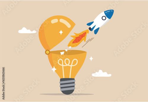 Innovation to launch new idea, entrepreneurship or startup, creativity to begin business or breakthrough idea concept, innovative rocket launch flying high from opening bright lightbulb idea	
