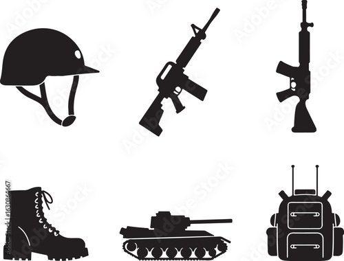 Military equipment ready for action in black and white style