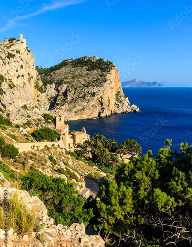 Coastal scenery with rugged cliffs and buildings