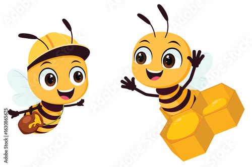 Cute bee worker mascot cartoon with different expression
