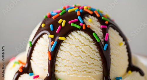 A close-up of a vanilla ice cream scoop with chocolate sauce and colorful sprinkles.