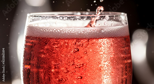 Close-up of a fizzy red drink splashing in a cold glass with foam and bubbles.