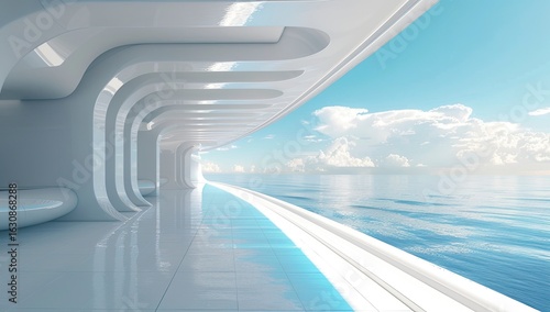 Futuristic corridor with curvilinear white architectural elements overlooking the ocean