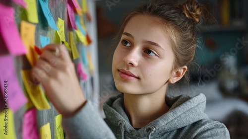 A focused girl amidst a tapestry of colorful sticky notes, immersed in a creative brainstorming session. capturing her curiosity and the visual symphony of ideas.