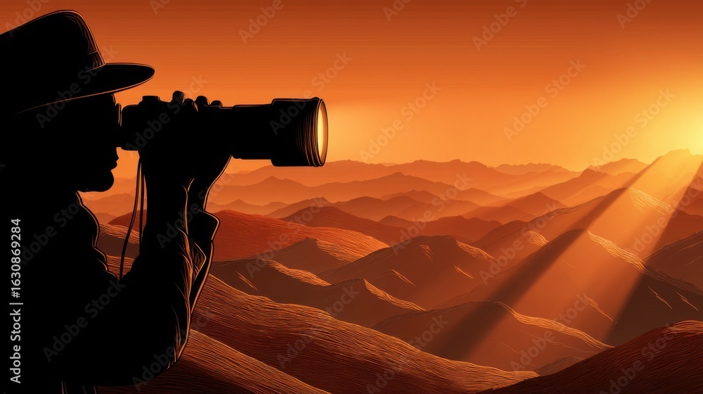 Fototapeta premium A person with a hat using binoculars to observe a scenic desert landscape at sunset