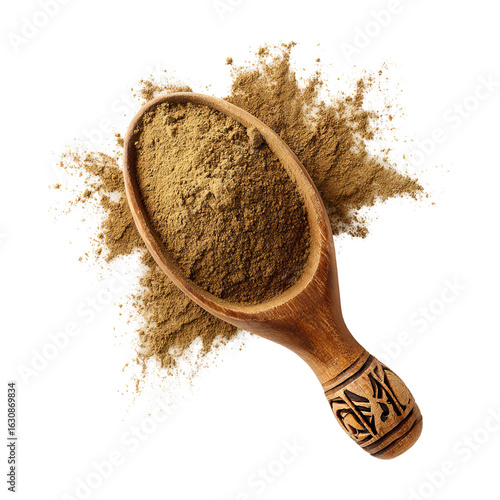 Herb Powder in a Wooden Spoon: An overhead shot displays a wooden spoon filled with aromatic herb powder, with a dusting of the same herb subtly surrounding the spoon. 