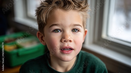 A charming young boy with bright eyes gazing at the camera near a window, portrait. Capturing an intimate, close-up portrait of a child.