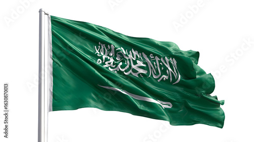 A vivid image showcasing the saudi arabian flag gracefully waving against a black background outdoors