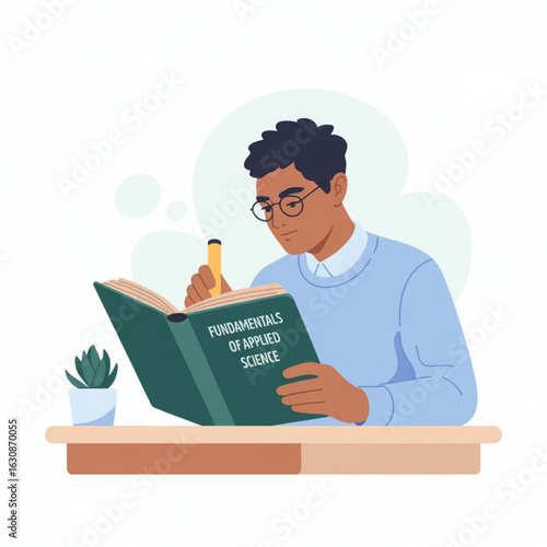 Man student reading book, studying. Person learning science, business, preparing for exam. Happy bookworm reader. Education, knowledge day concept. Flat vector illustration isolated on white 