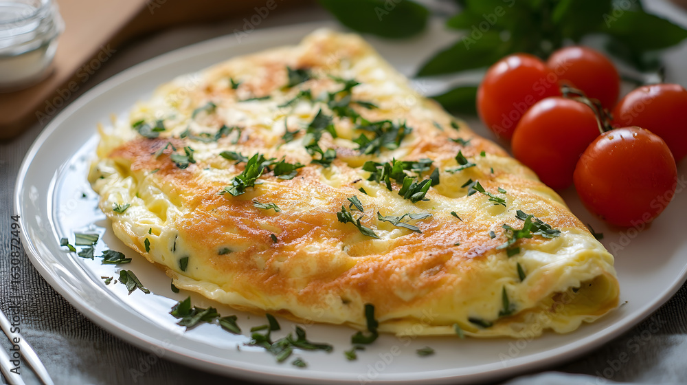 Fluffy omelet topped with fresh herbs Fluffy omelet topped with fresh herbs