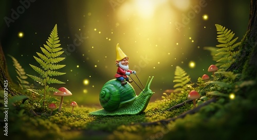 Enchanted Garden Gnome's Journey: A whimsical illustration of a gnome riding a snail through a magical forest, bathed in soft light, capturing the charm of fairy tale and the beauty of nature.
