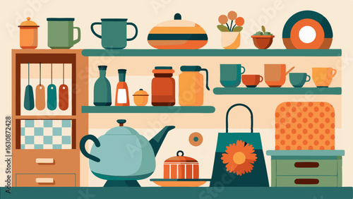 An eclectic kitchen with open shelves and colorful dishes on display. A mix of vintage and modern kitchenware such as ceramic plates a copper kettle and a sleek toaster sits on the