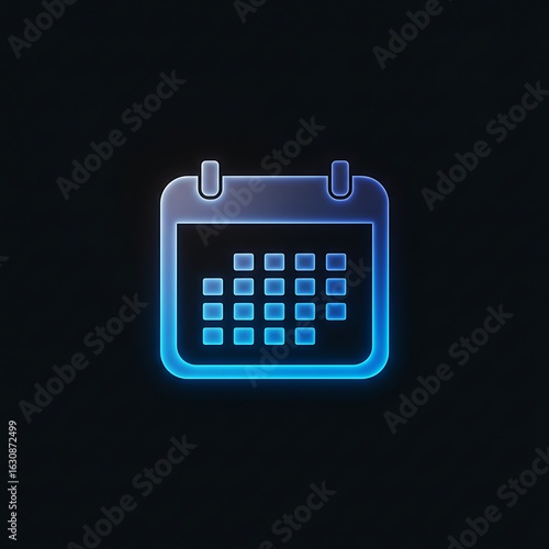 Futuristic glowing calendar icon in blue hologram style on black background