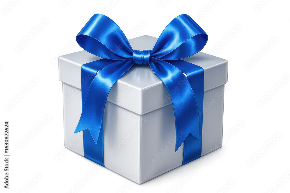 Obraz premium Elegant white gift box adorned with glossy blue ribbon, symbolizing festive moments and special event presentations