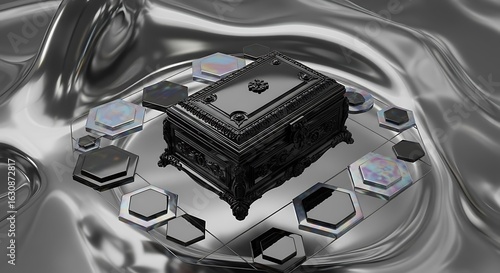 Mysterious Black Box: Intricate ornate box is centered in an immersive and highly reflective futuristic silver environment, where mystery and allure converge.