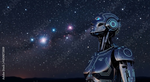 Stargazing Android: An advanced android, its metallic gaze fixed upon a celestial canvas dotted with twinkling stars. A blend of technology and cosmic wonder.