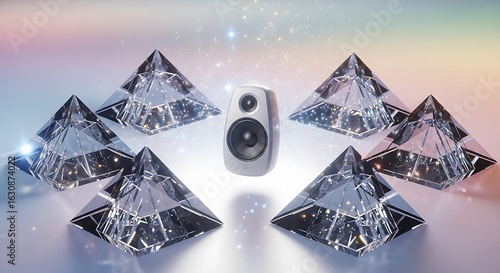 Audio Excellence: A minimalist studio monitor speaker is encircled by glowing diamond pyramids, creating an elegant spectacle of sonic perfection and pristine clarity.