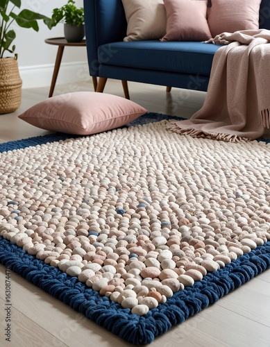 Beige rug with navy border in living room