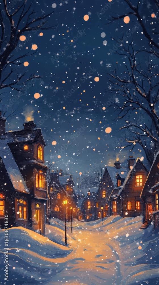 Obraz premium A snowy street with houses lit up with lights