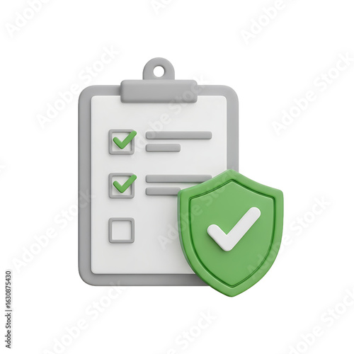 3D icon of a grey clipboard with a completed checklist and a green security shield with a checkmark. PNG Transparent Background