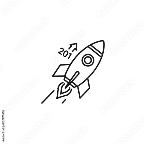 Simple black and white illustration of a rocket ship ascending with a number.
