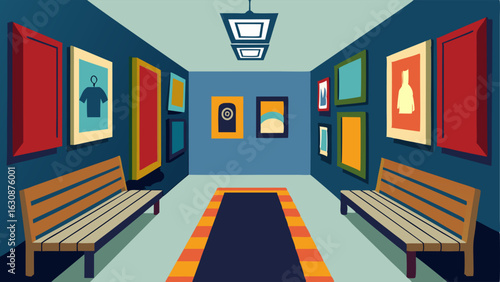 A hallway with walls adorned with frames made from recycled picture frames a rug made from old tshirts and a bench made from reclaimed wood for seating.