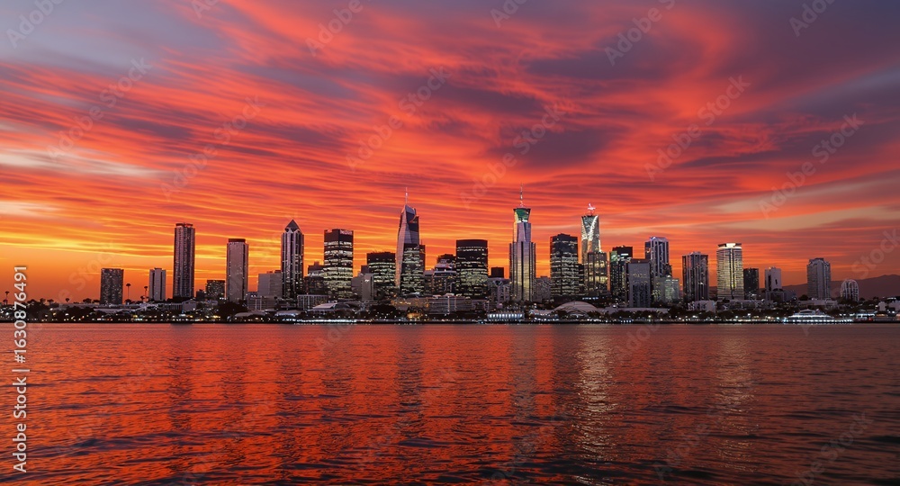Fototapeta premium Dramatic Sunset Over City Skyline Reflected in Calm Water