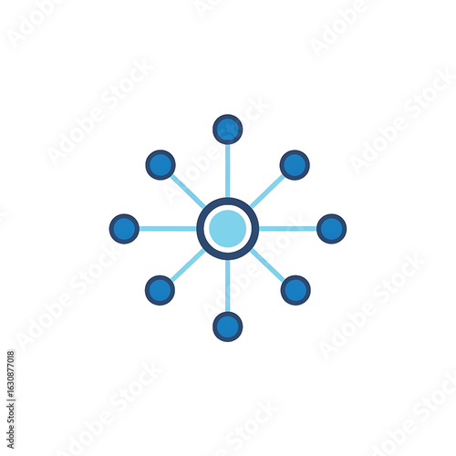 Blue hubandspoke network icon with a central node and radiating lines. PNG Transparent Background