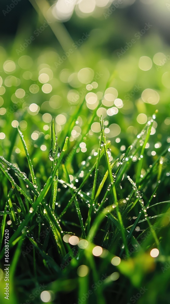 A field of green grass with raindrops on it A field of green grass with raindrops on it
