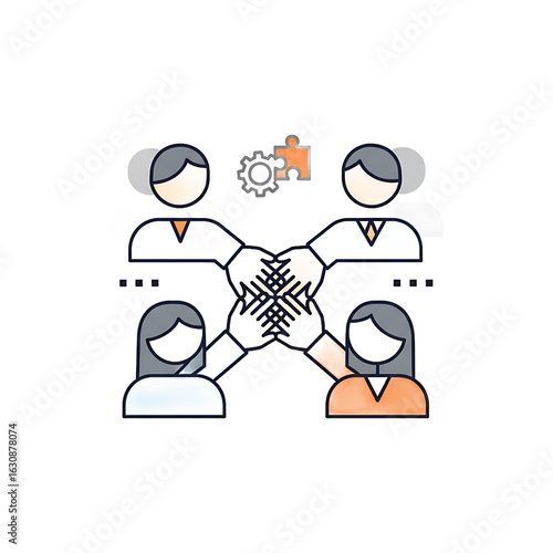 Colorful flat line icon of a diverse team joining hands symbolizing collaboration unity and problemsolving with gear and puzzle piece. PNG Transparent Background