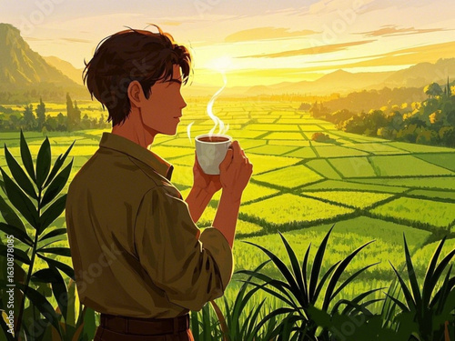 a cup of warm coffee in hand enjoyed while enjoying the expanse of rice fields in the lower plains.