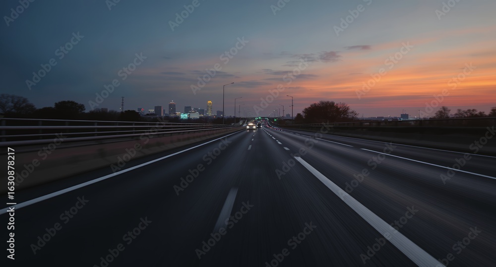 Fototapeta premium Twilight Highway View of City Skyline at Dusk