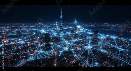 Night Cityscape Illuminated by a Network of Digital Connections