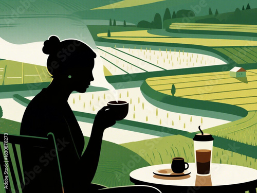 a cup of warm coffee in hand enjoyed while enjoying the expanse of rice fields in the lower plains.