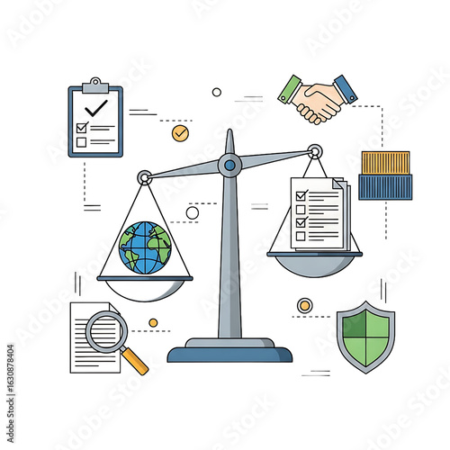 Conceptual illustration of international law and trade with scales balancing the Earth against legal documents and business icons. PNG Transparent Background