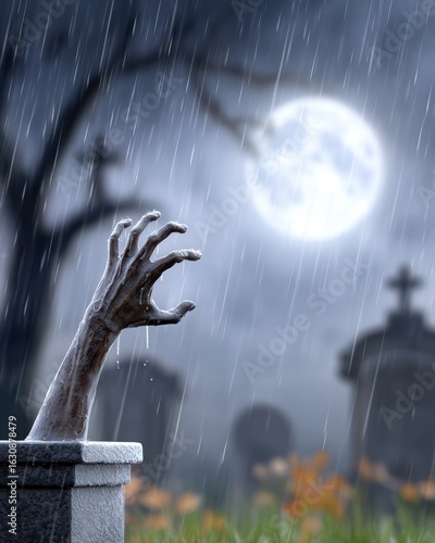 Chilling zombie hand emerges from grave monument in dark, rain-soaked cemetery under full moon. This spooky scene evokes horror, fear, supernatural, ideal Halloween themes eerie, mysterious concepts.