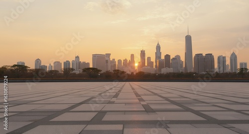 City Skyline at Sunset Viewed from Empty Plaza
