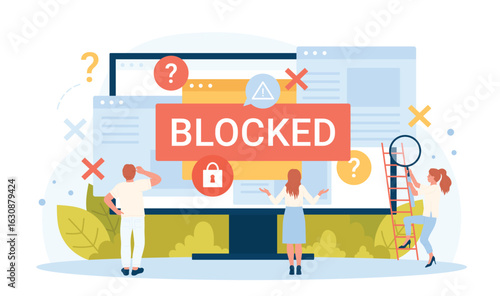 Ransomware attack and cyber protection for user account vector illustration. Cartoon blocked content for tiny people with alert message and padlock on computer monitor, access to files closed