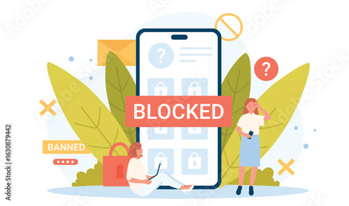Network restriction, information block and censorship vector illustration. Cartoon tiny sad adult users banned from social media or news website, blocked account and padlock on phone screen