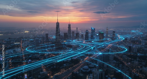 Futuristic Cityscape with Glowing Network Lines at Sunset