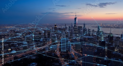 New York City Skyline at Dusk with Digital Network Connections Overlay