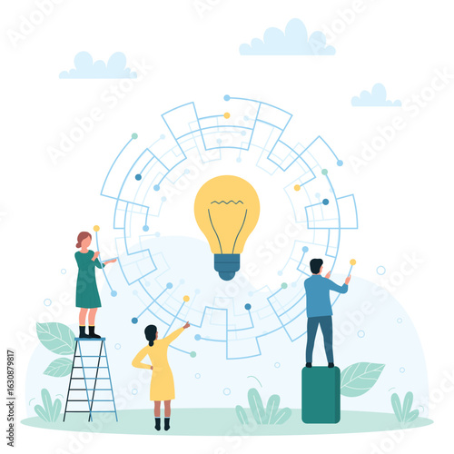 Business solution and innovation, digital technology vector illustration. Cartoon tiny people work with circle circuit and bright light bulb inside, thinking process and brainstorm of employees team