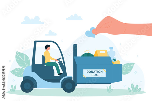 Charity, delivery of humanitarian aid vector illustration. Cartoon hand of volunteer donating, giving heart, tiny man on forklift carrying donation box with food packages. Generosity, help concept