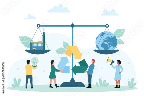 Eco recycling and sustainable technology to reduce and neutralize environmental pollution vector illustration. Cartoon tiny people holding recycle sign near balance scale with factory and globe