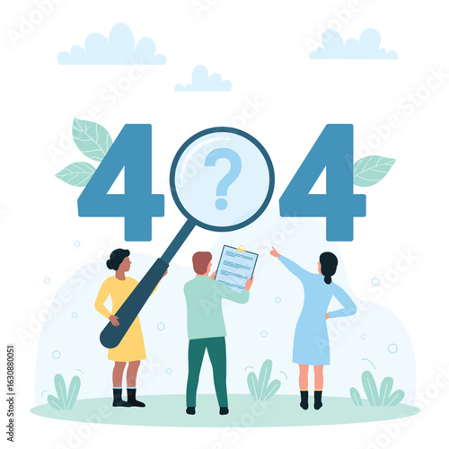 404 error, disconnected status vector illustration. Cartoon tiny people of technical support team looking through magnifying glass at 404 lettering with question mark to search network failure